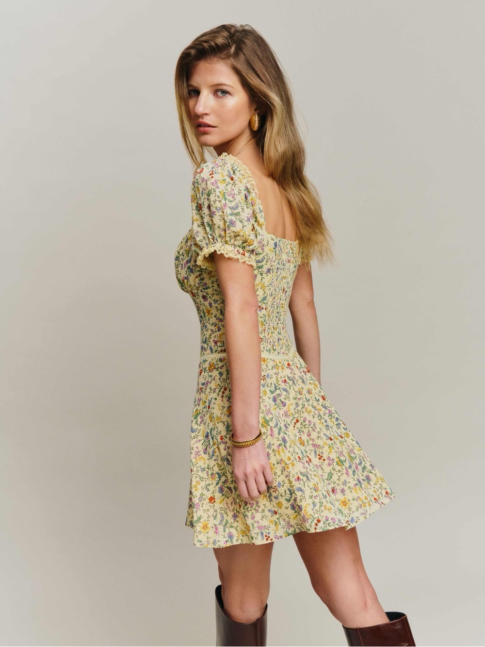 Reformation Ondine Yellow Floral Puff-Sleeve Mini Dress NWT - Picture 2 of 5